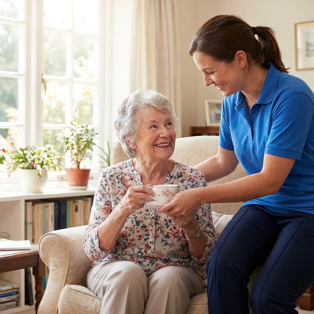 Professional caregiver assisting elderly person at home with care and compassion
